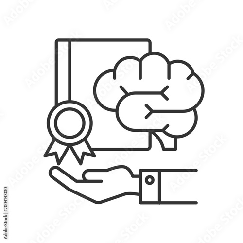Corporate intellectual property linear icon. Company asset. Hand holding brain and certificate. Thin line customizable illustration. Contour symbol. Vector isolated outline drawing. Editable stroke