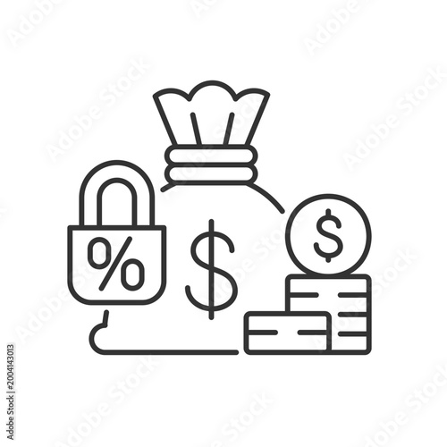 Fixed deposit linear icon. Low-risk financial instrument. Bag with cash and locked percent. Thin line customizable illustration. Contour symbol. Vector isolated outline drawing. Editable stroke