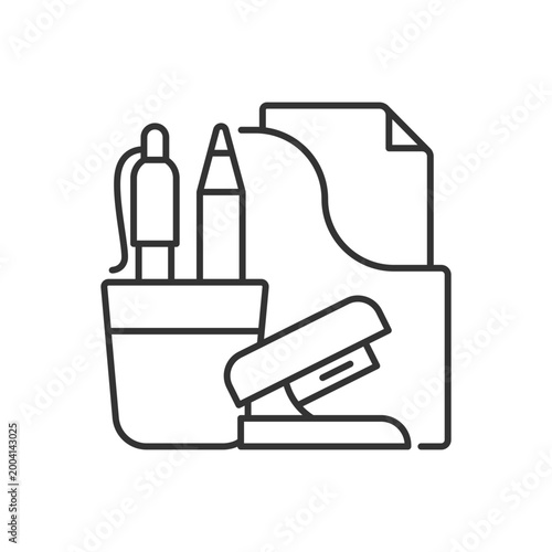 Office supplies linear icon. Consumable product. Writing accessories and stapler. Thin line customizable illustration. Contour symbol. Vector isolated outline drawing. Editable stroke