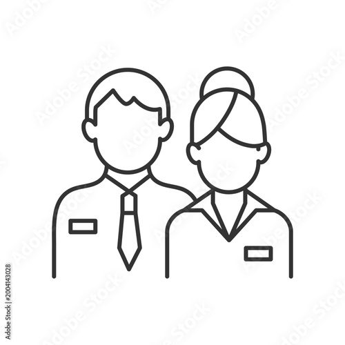 Company staff linear icon. Man and woman in uniform. Official business representatives. Thin line customizable illustration. Contour symbol. Vector isolated outline drawing. Editable stroke