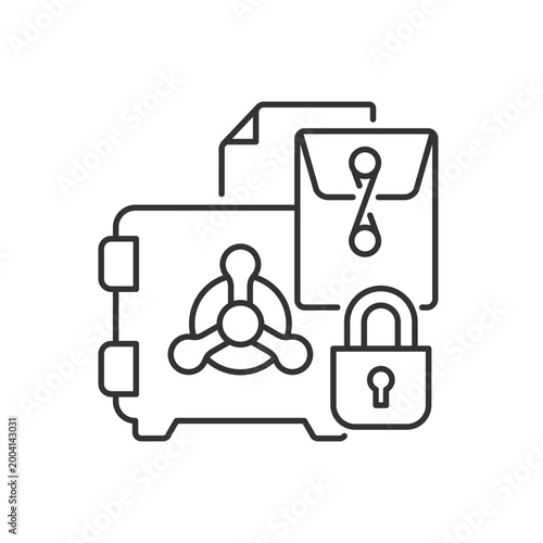 Trade secrets linear icon. Intellectual property right. Locked in a vault. Confidential forms. Thin line customizable illustration. Contour symbol. Vector isolated outline drawing. Editable stroke