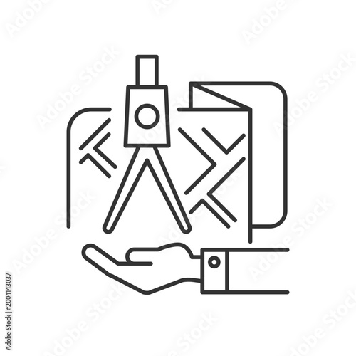 Land owning linear icon. Real estate ownership. Square and compass in the hand. Thin line customizable illustration. Contour symbol. Vector isolated outline drawing. Editable stroke
