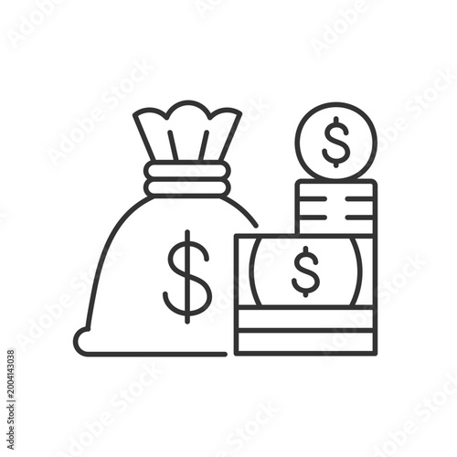 Cash linear icon. Money sack. Currency or coins for goods. Government bonds and banks. Thin line customizable illustration. Contour symbol. Vector isolated outline drawing. Editable stroke