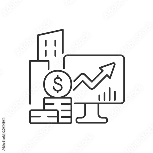 Company stock linear icon. Public market. Trading exchange. Business fraction ownership. Thin line customizable illustration. Contour symbol. Vector isolated outline drawing. Editable stroke