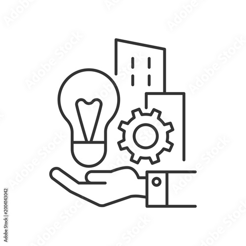 Company inventions linear icon. Discoveries, developments, improvements and other contributions. Thin line customizable illustration. Contour symbol. Vector isolated outline drawing. Editable stroke