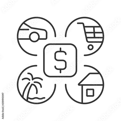 Budgeting linear icon. Split money for monthly plan. Living expenditure. Financial literacy. Thin line customizable illustration. Contour symbol. Vector isolated outline drawing. Editable stroke