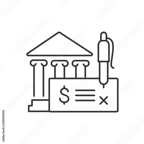 Bank draft linear icon. Payment providing. Guaranteeing funds. Clearing house. Thin line customizable illustration. Contour symbol. Vector isolated outline drawing. Editable stroke