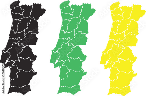 Three colored maps of portugal in black green and yellow