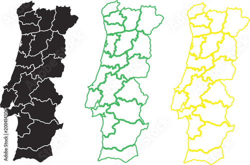 Three map outlines of portugal in different colors