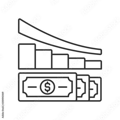 Expense reduction linear icon. Market crisis. Decrease in cost. Money inflation. Thin line customizable illustration. Contour symbol. Vector isolated outline drawing. Editable stroke