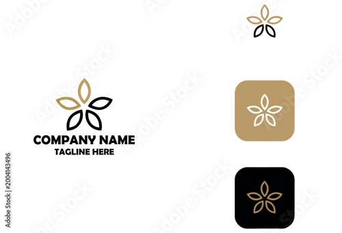 Minimalist floral logo design template with golden and black elegant leaf petal elements.