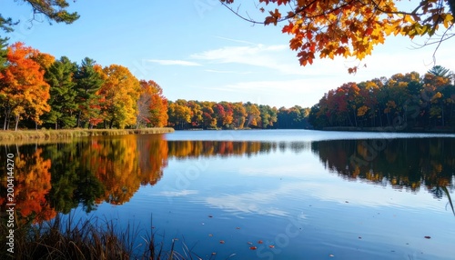 Vibrant Autumn Forest Reflected in a Calm Lake Under a Blue Sky.
