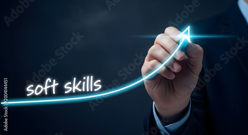 Businessman drawing a glowing upward trend line representing soft skills development and success