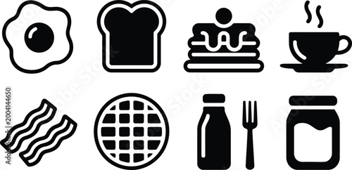 Set of modern flat icons featuring breakfast items including eggs toast pancakes and hot coffee drinks