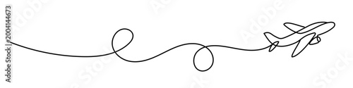 A continuous line drawing of an airplane in flight. Minimalistic vector illustration on the theme of aviation, travel, tourism, and air transport. Editable outline.