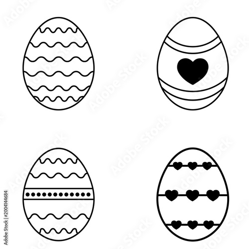 A set of Easter eggs with various decorations. A collection of Easter eggs with hearts, waves, and dots. Minimalistic holiday icons. An outline set of holiday symbols isolated on a white background.