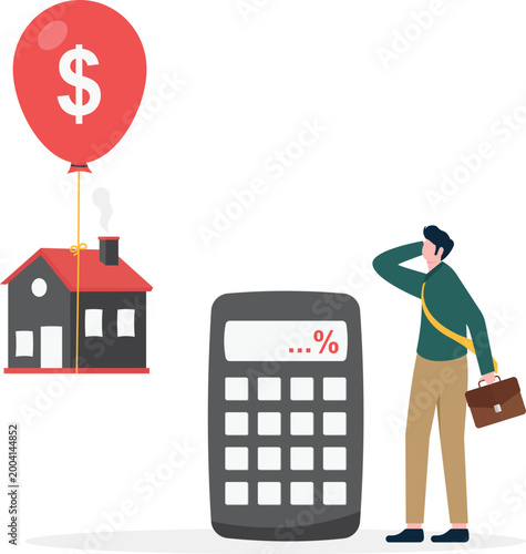 Stressed man with calculator and house rent inflation