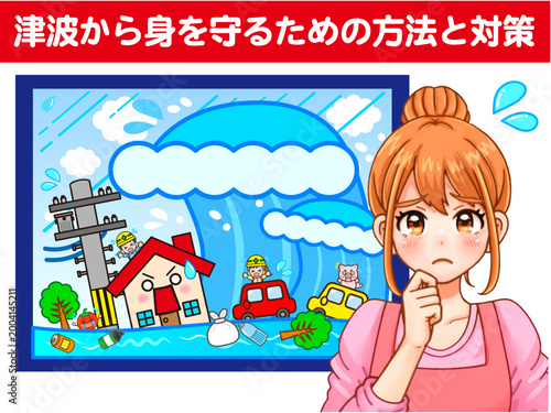津波の対策を考える主婦のイラスト素材