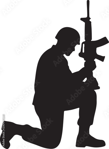 Silhouette of a kneeling soldier holding a rifle in prayer pose