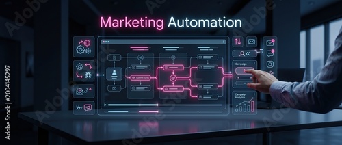 Business professional interacting with a digital marketing automation flow chart on a futuristic interface