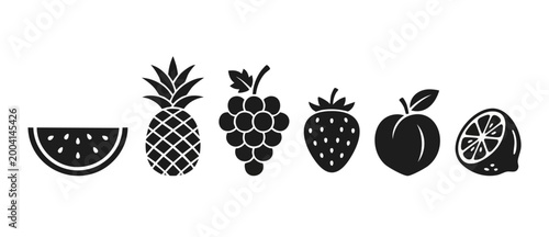 Fruit Icon Set Black Silhouette Collection of Fresh Organic Food Shapes for Healthy Nutrition and Vegan Diet Graphics Including Pineapple Watermelon Grape Strawberry Peach and Lemon Vector Illustratio
