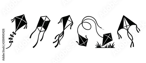 Kite Silhouette Set, Vector Flying Kites Collection, Isolated Black Icons on White Background, Recreational Outdoor Summer Activities Design Elements for Children Games, Simple Graphic Shape Illustrat