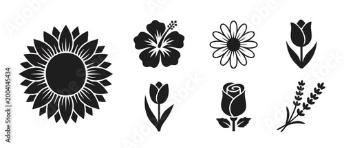 Flower Icon Set Black Silhouette Collection Vector Illustration. Sunflower Hibiscus Daisy Tulip Rose Lavender shapes for garden design, botanical print, minimalist graphic logo, nature elements isolat