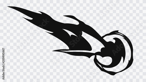 Abstract manga energy projectile effect with black dynamic motion shape and circular impact ring on transparent background. Comic style power attack, anime blast effect.