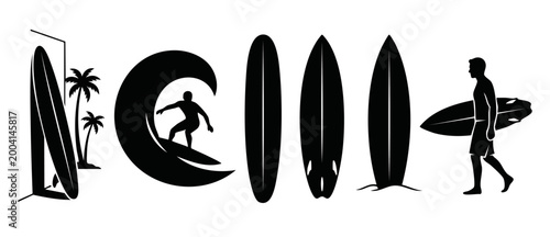 Surfing Silhouette Icons Set Featuring Surfboards and Surfer Riding Waves for Summer Beach Lifestyle Design and Sports Activity Graphics, Minimalist Black and White Vector Collection Isolated on White