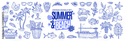 Summer Mediterranean sea beach doodle icon. Hand drawn summer lemon, sea food, beach palm, Italian wine. Sketch from Italy. Mediterranean vacation vector illustration element. Vintage watercolor bg
