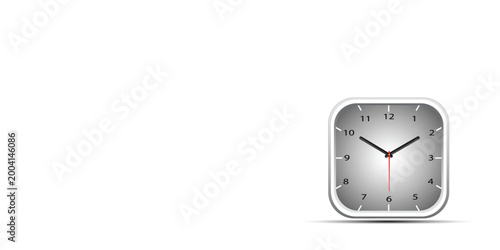 Square analog wall clock icon with silver frame isolated on white background