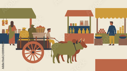 Traditional Rural Village Market Illustration with Bullocks and Cart