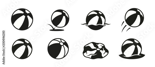 Beach ball icons set, summer toy graphic elements in black and white, flat vector illustration showing bouncing, deflated, and floating sport balls for water games and recreational vacation activities