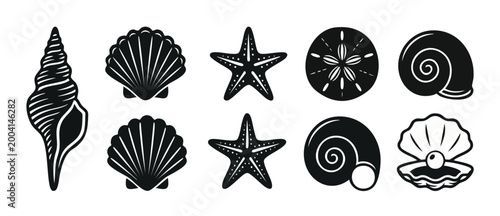 Seashells and Starfish Vector Icons Set, Ocean Life Silhouette Collection for Marine Design, Beach Elements and Sea Creatures Illustration, Minimalist Black Graphic Shapes Isolated on White Background