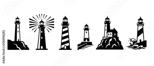Lighthouse icons set black vector, nautical tower silhouettes collection, coastal maritime navigation beacon symbols, ocean shore architecture, marine graphic elements isolated on white background des