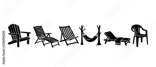 Outdoor Furniture Silhouette Icon Set for Beach and Garden Relaxation, including Deck Chairs, Sun Loungers, Hammock and Patio Chairs for Summer Vacation Design Projects, Isolated on White Background.