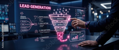 Businessman interacting with a futuristic holographic lead generation funnel dashboard during a business meeting