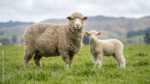 Merino sheep with lamb standing in green pasture, rural farm animal with mountain landscape background.
