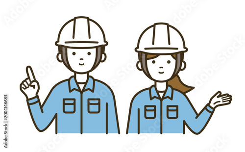 案内と指差しで説明する作業員の男女ペアセット｜白ヘルメット・作業服・点検・修理