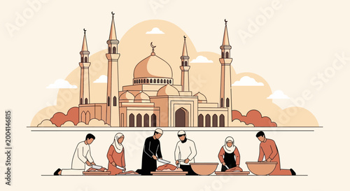 Muslim people cutting qurban meat together in front of mosque during Eid Al-Adha celebration, flat design vector illustration.