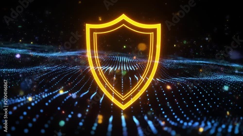 Cybersecurity protection visualization, abstract glowing shield surrounding flowing data background animation