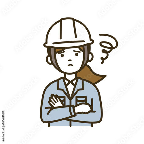 作業服とブラウスで検討し悩む女性技術者のイラスト｜白ヘルメット・腕組み・考える