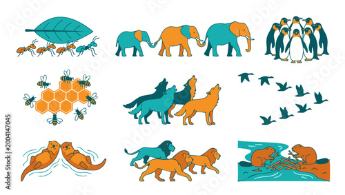 Animal Social Behavior Icons Set, Wildlife Grouping and Cooperation Symbols, Vector Illustration of Wild Animals in Packs, Herds, and Colonies for Educational Infographics and Nature Design Projects