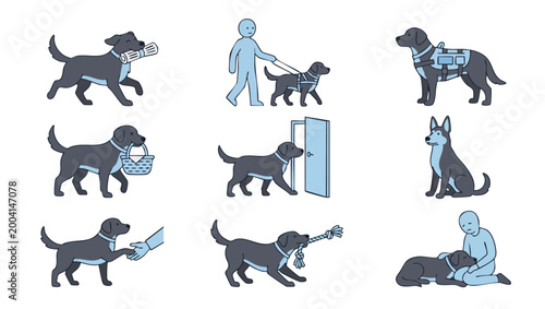 Service Dog Tasks Set - Assistance Animal and Helper Dog Icons, Training Skills, Canine Support and Therapy Work, Vector Illustration of Working Dogs Performing Daily Help for Humans with Disabilities