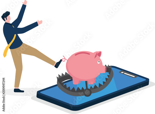 Businessman stepping into piggy bank trap on mobile