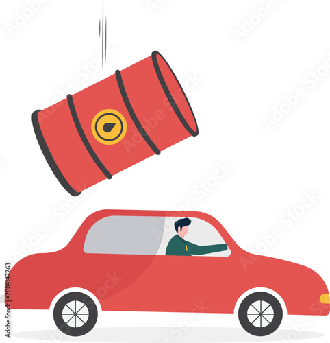 Giant oil barrel falling on a car with driver