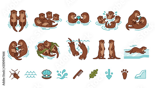 Cute Otter Set Vector Illustration, Sea Otters Holding Hands Swimming Together, Cartoon Animal Character Collection for Stickers, Children Design, Wildlife Graphic Elements, Playful Marine Life Icons