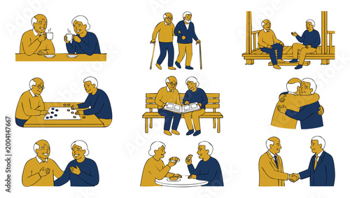 Elderly Couple Daily Life Activities Set, Flat Vector Illustration of Seniors Bonding, Socializing, Playing Games, Hugging, and Having Coffee in Various Situations Representing Retirement and Aging.