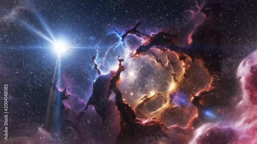 Distant quasar illuminating nebula bright point source casting light across colorful cosmic