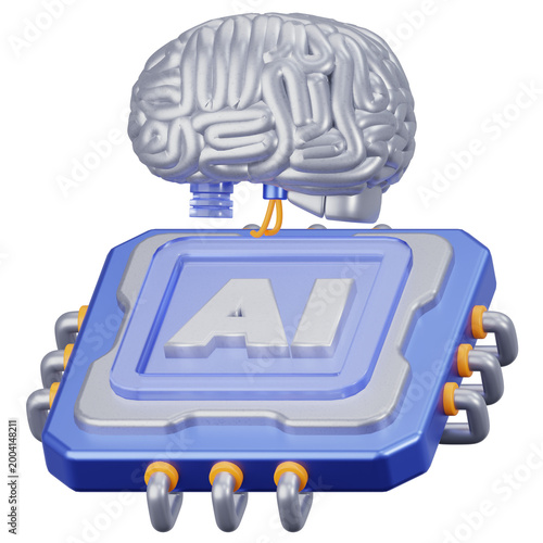 3D Artificial Intelligence Brain Connected to Processor Chip
